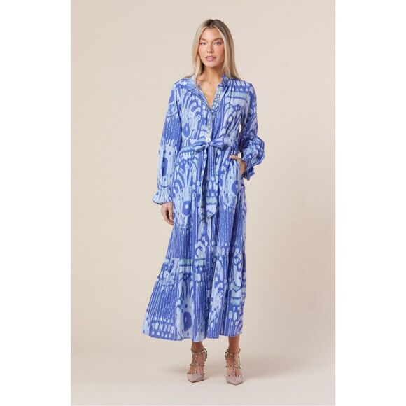 Sheridan French Britt Dress, Blue Moroccan Ikat Maxi Orig $395.00